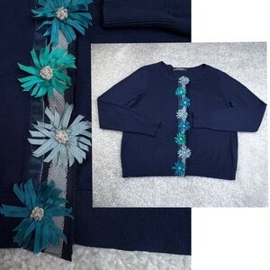 Boden Limited Ed Blue Cardigan Flower Silk Cashmere Cottagecore Preppy US 12